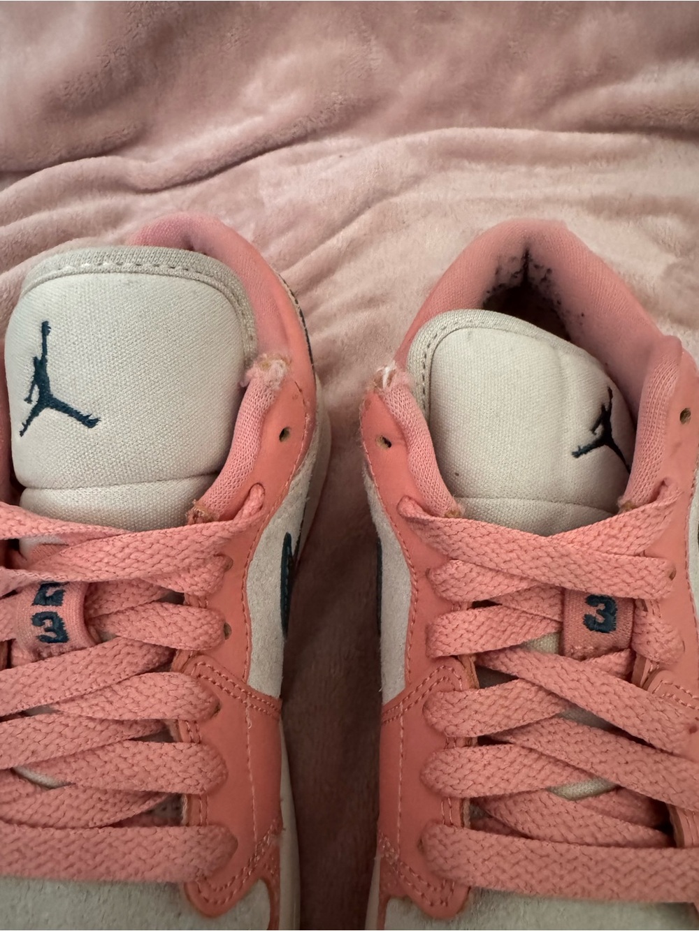 Air Jordan Low Top Sneakers in Pink and Cream, Teal Swoosh - Picture 7 of 8